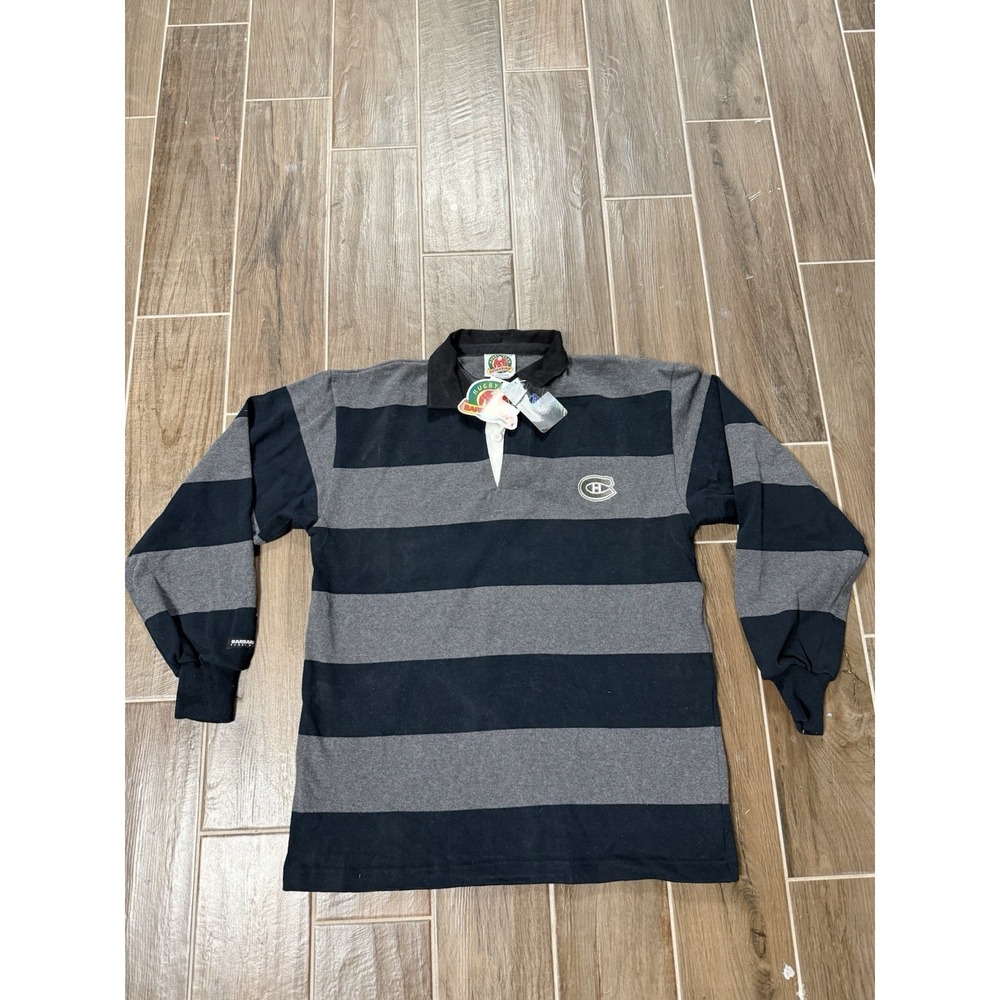 VTG 90s Montreal Canadiens Barbarian NHL Hockey Striped Rugby Polo Shirt XL NWT